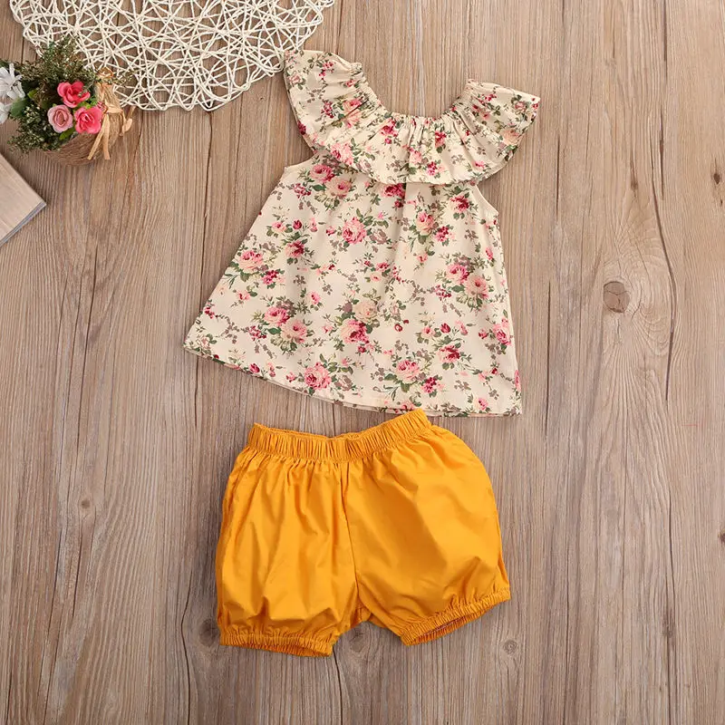 

2021 New Summer 0-3Y Baby Girl 2Pcs Set Floral Print Ruffled Neck Casual Sleeveless Top+Yellow Bow Lantern Shorts Clothes