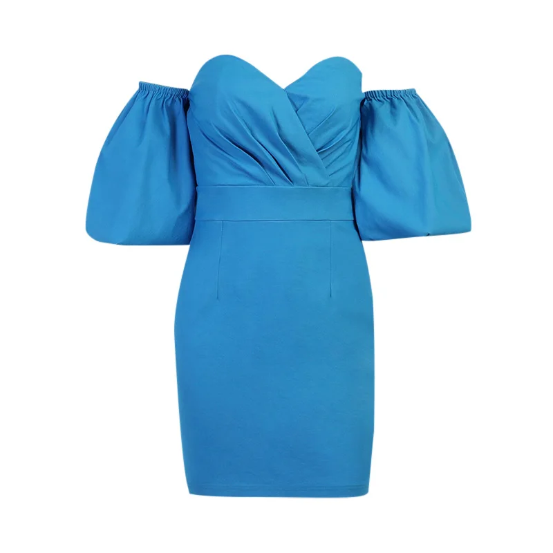 

Beyouare Lantern Sleeve Elegant Party Women Dress 2021 Evening Off Shoulder Slim Bodycon Solid Satin Mini Dress Office Ladies