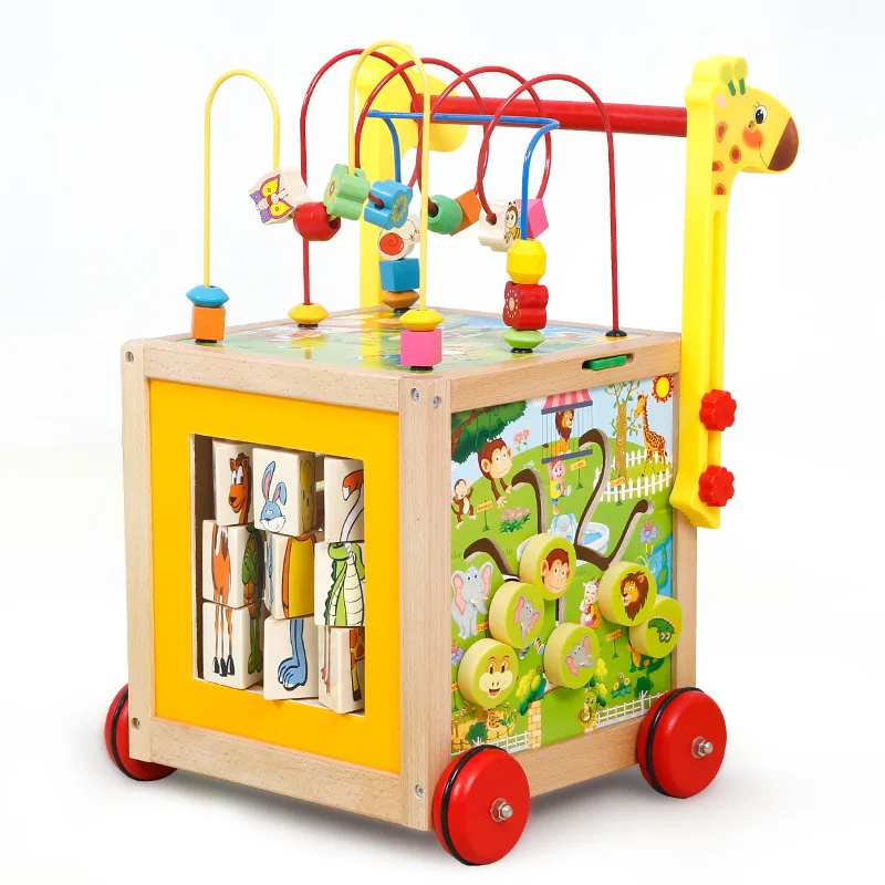 childhood education wooden children's walker Baby puzzle round bead cart anti-rollover multi-function toys | Мать и ребенок