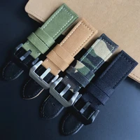 24mm black brown army green camo canvas nylon bottom leather watch strap replacement for panerai breitling pilot watchband belt
