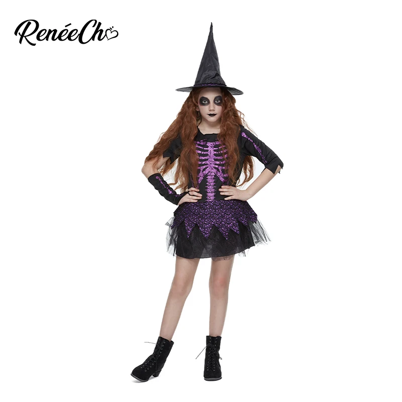 Детский костюм ведьмы Reneecho фиолетовый с изображением костей страшный скелет на