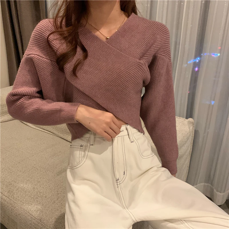 

V-neck Pullovers Autumn Winter Casual Style Solid Sweater Women's Clothing Korean Pullovers Knitted Ladies Tops Fashion Brand