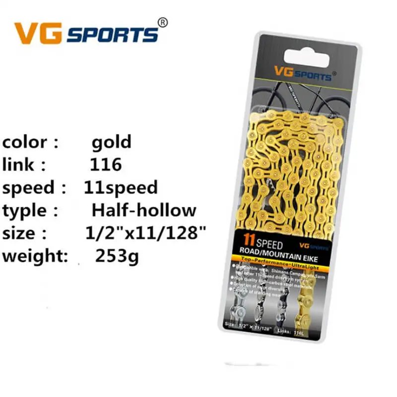 

VG Sports Ultralight 11 Speed Bicycle Chain Half-Hollow 116L MTB Road Mountain Bike Chain 253g Gold Silver