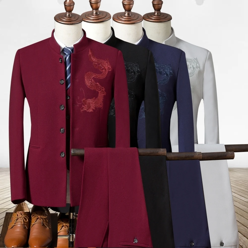 3 шт. китайский стиль воротник стойка мужские костюмы мужская мода дракон Вышитое