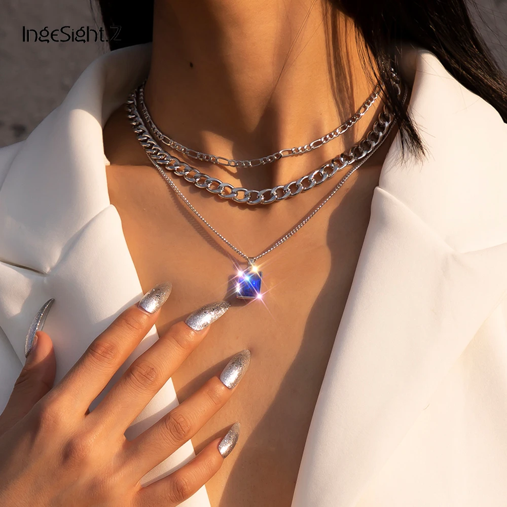 

IngeSight.Z 3Pcs/Set Steampunk Hip Hop Curb Cuban Thick Choker Necklace Gothic Geometric Square Crystal Pendant Necklace Jewelry