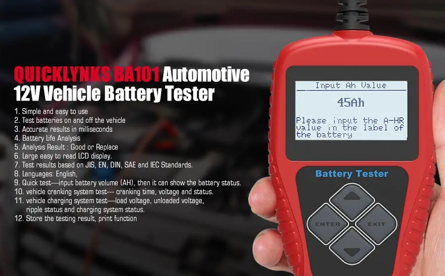 QUICKLYNKS BA101 автомобильный 12V тестер батареи автомобиля BA101 тестер батареи