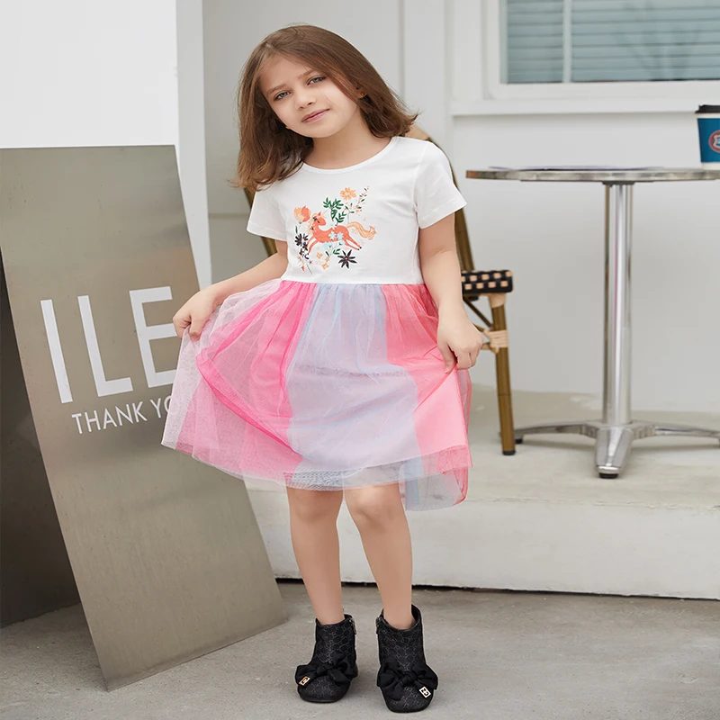 

Jumping Meters New Arrival Summer Party Frocks Hot Selling Baby Princess Short -Sleeve Dresses Unicorn Print Kids Costume