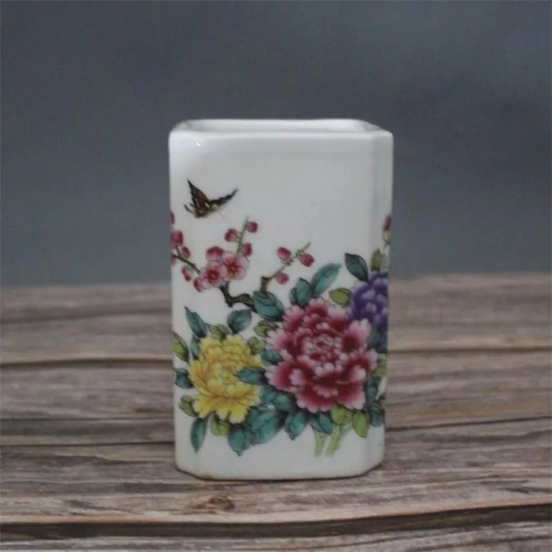 

Ранняя Коллекция династии Цин, Guangxu, розовые пионы, цветы и птицы, весенний сад, Квадратный держатель, антикварные фарфоровые украшения