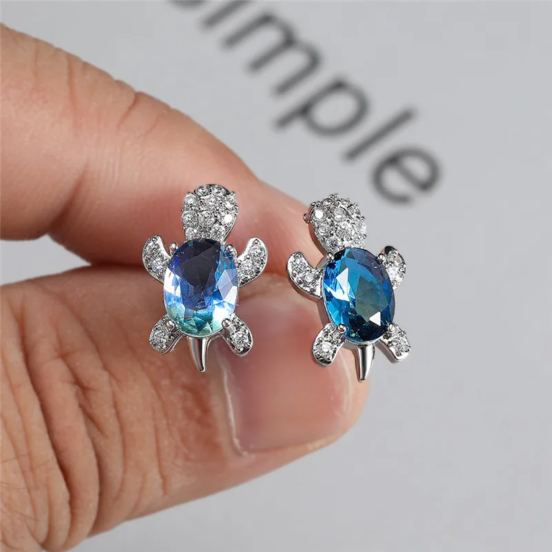 

Blue Green Crystal Oval Zircon Turtle Earrings and Necklace Jewelry Set Rainbow Stone Bridal Jewelry Set for Female Wedding Gift