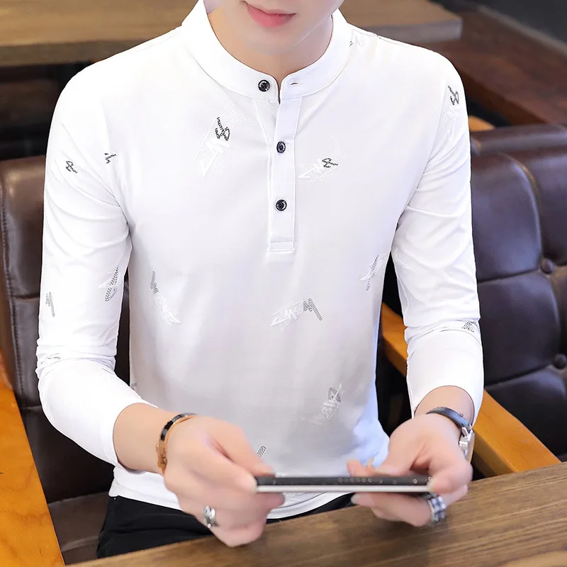 

New print collar long sleeve t-shirt men's Korean casual Pullover polo shirt men's mens clothing