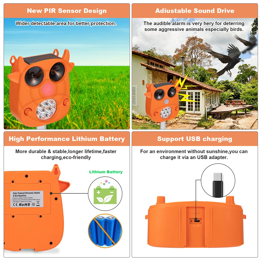 

Solar Ultrasound Animal Drive Repeller Flashing Light Activated Ultrasonic Bird Cat Frighten Animal Repellent Garden Protector