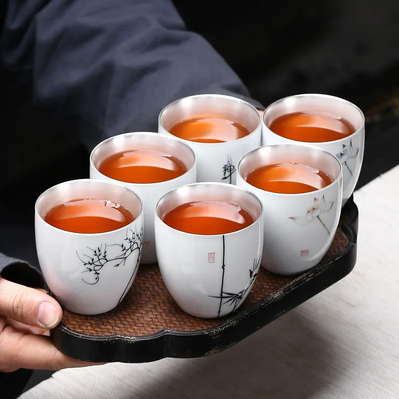 Ручная роспись фарфоровая чашка большая Серебряная для чая Позолоченная