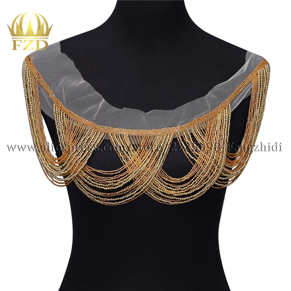 

FZD 10 Pcs Handmade Gold dress Sew On Handicraft Rhinestone Patch Bodice Applique Trim Patches for Women Clothing DIY Decorative