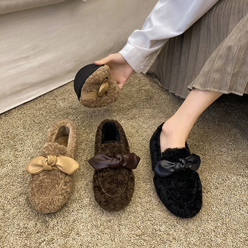 

Soft Women Boat Shoe Loafers Fur Casual Female Sneakers Autumn Round Toe Bow-Knot Winter Moccasin New Fall Butterfly Butterfly-k