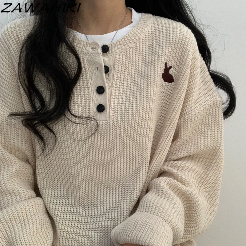 

ZAWAHIKI Autumn Clothes French Lazy Retro Outer Wear Knit Cardigan Women Loose Wild Sweet Tops Cartoon Embroidery Pullover Women