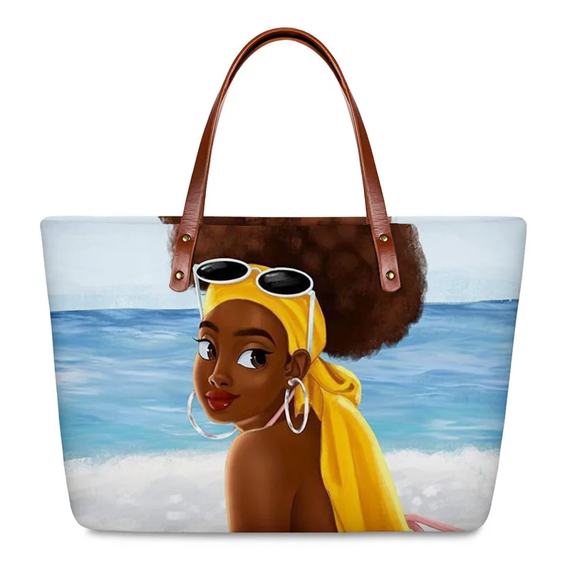 

HYCOOL Women Shoulder Bag Blue Seaside African Black Girl Beauty Printing Ladies Convenient Beach Bags Fashion Casual Hand Bag