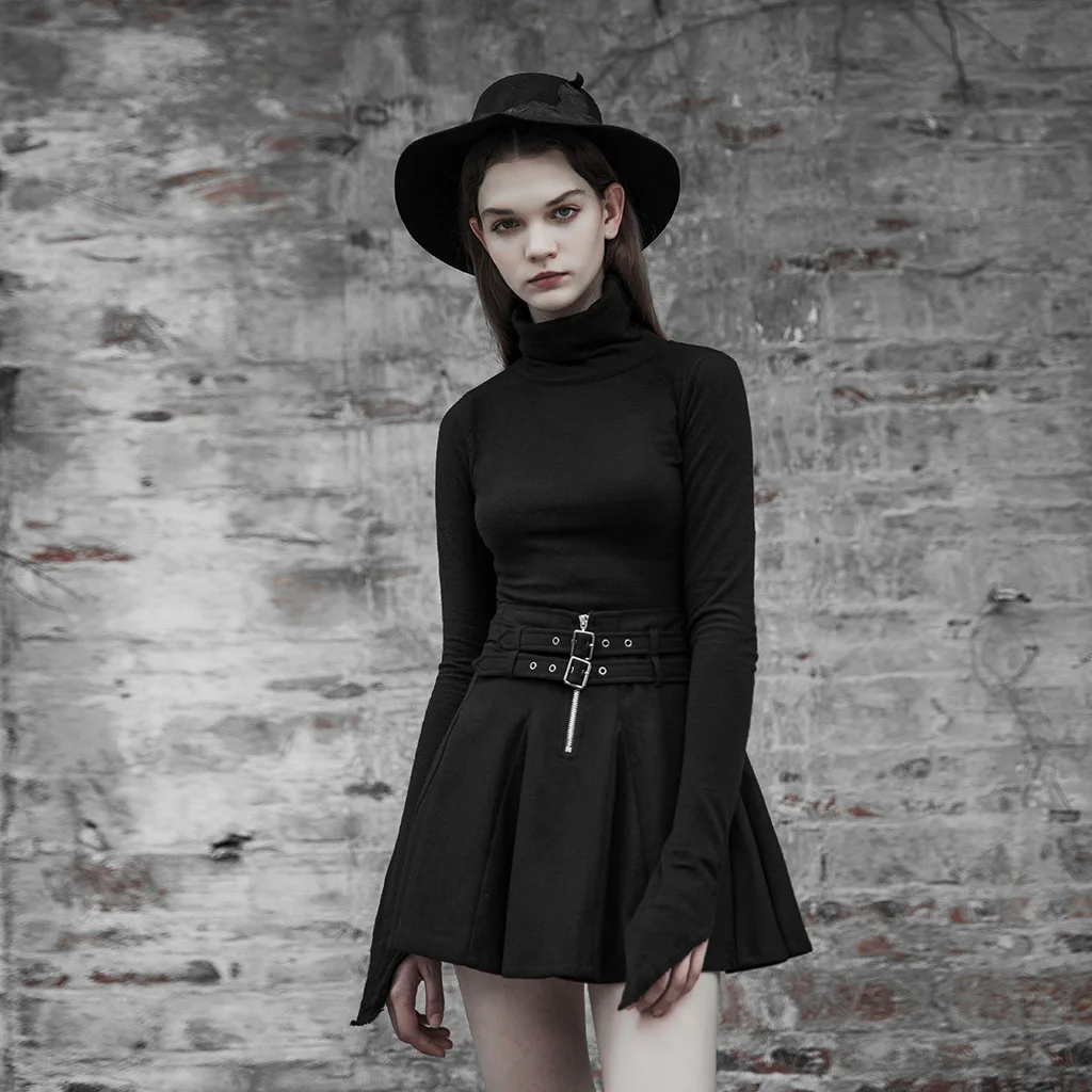 

Punk Personality Splice Gothic Mini High Waist Black Skirts Women's Punk Woolen Half Skirt with Belt Womens PUNK RAVE