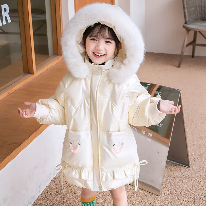 Children's down jacket girls  new foreign style loose Korean bright leather wash free thickened warm white duck down jacket