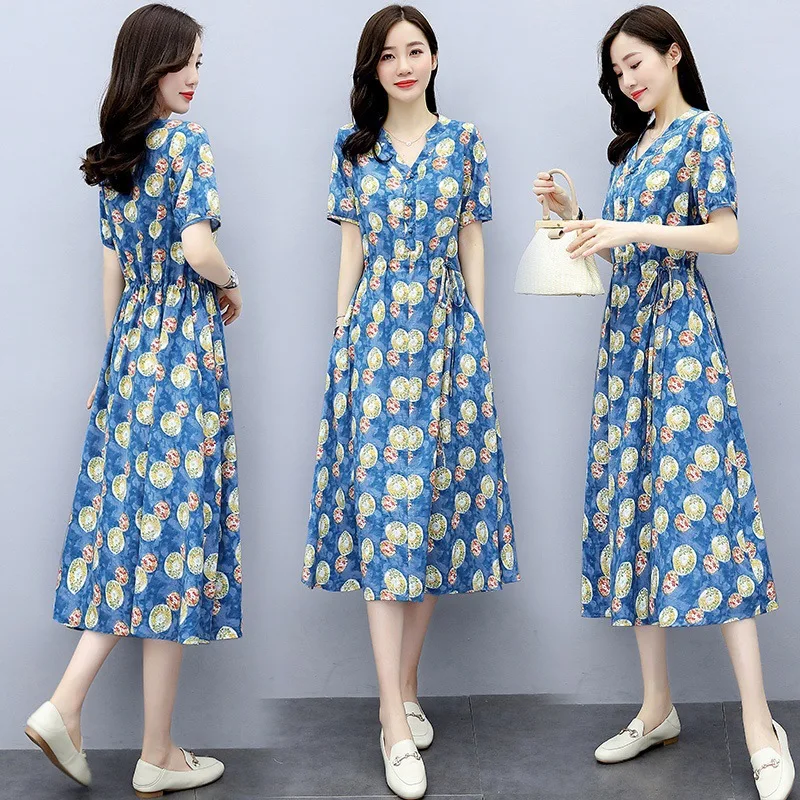 

Dresses 2021 Summer New Loose Short-Sleeved Waist Hugging Dress Fashion Printing Long Casual Cotton and Dress Female Summer