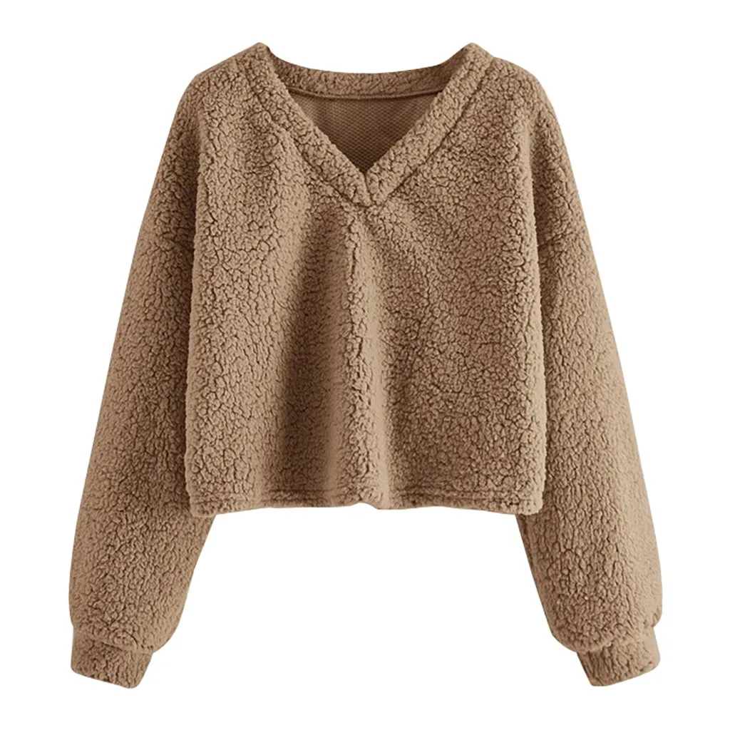 Brown Kawaii moletom feminino sudadera mujer Модный свитшот Женский Повседневный свободный длинный рукав однотонный свитшот с v-образным вырезом - Цвет: Brown