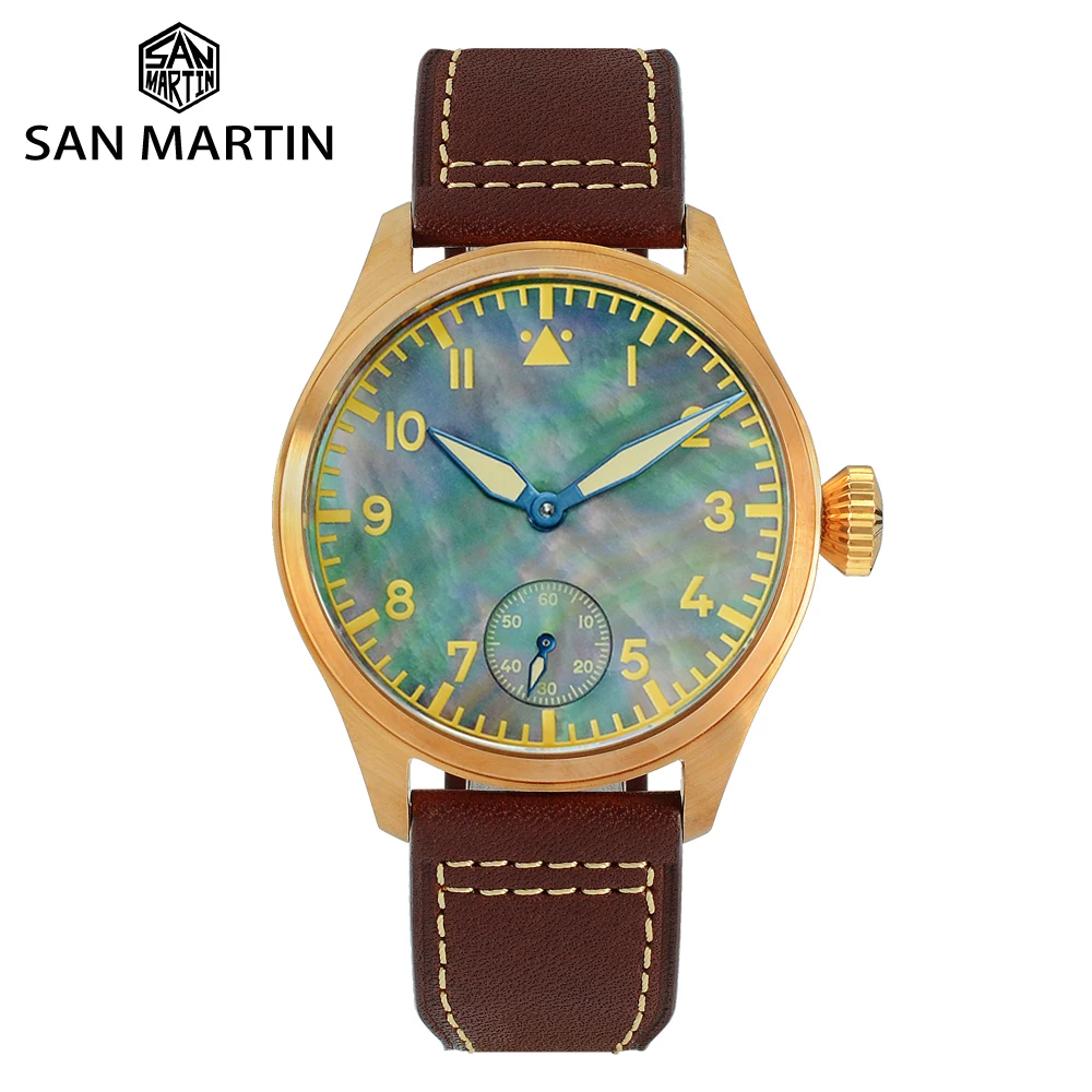 

Мужские часы San Martin, бронзовый циферблат пилота, Швабра, прозрачный чехол, задняя крышка чайки 6498, Механическая ручка, Заводной ветер, сапфировое стекло