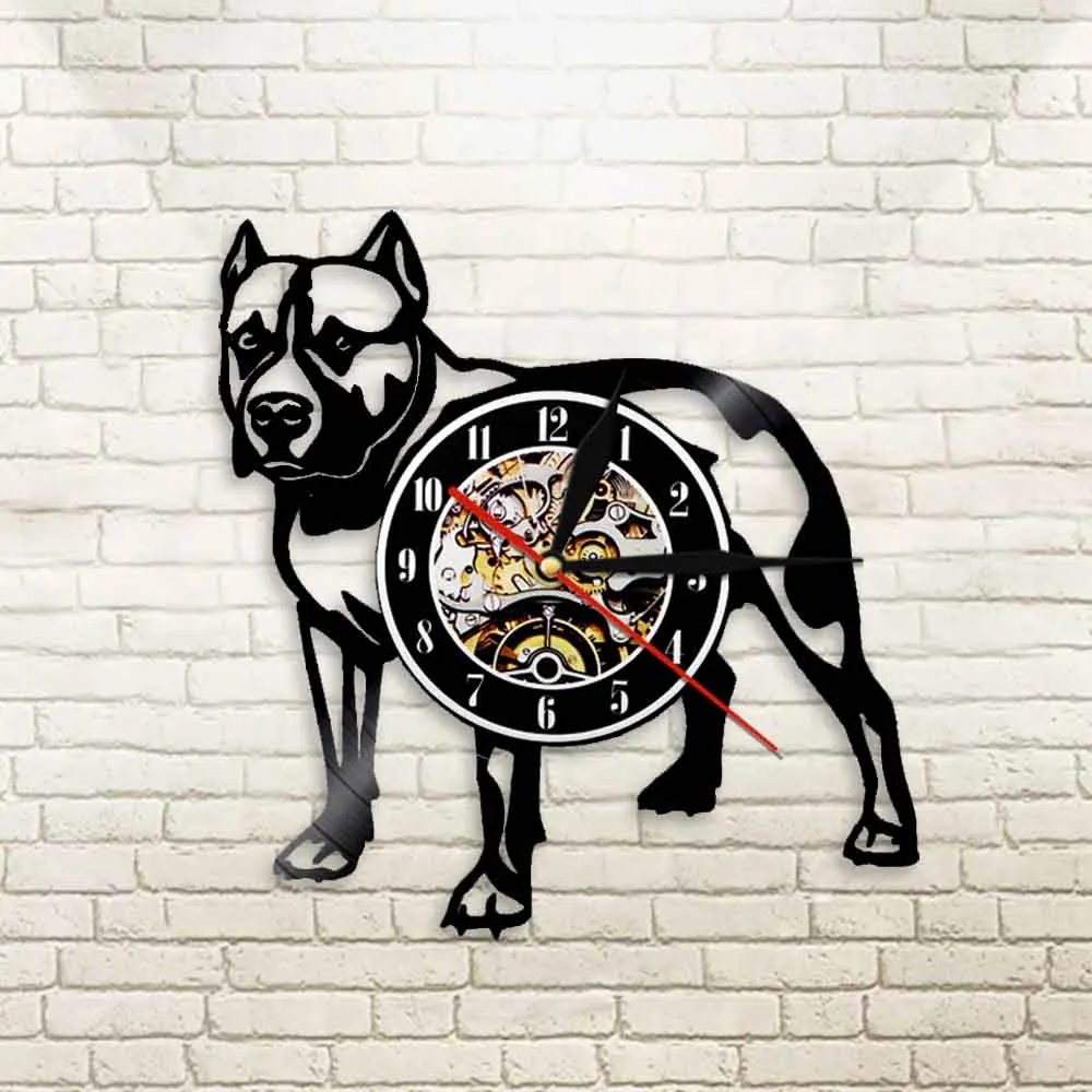 Pitbull домашний Настенный декор декоративные настенные часы собака порода подарки Pitbull мама Виниловая пластинка настенные часы Американский хулиган мама Ретро часы