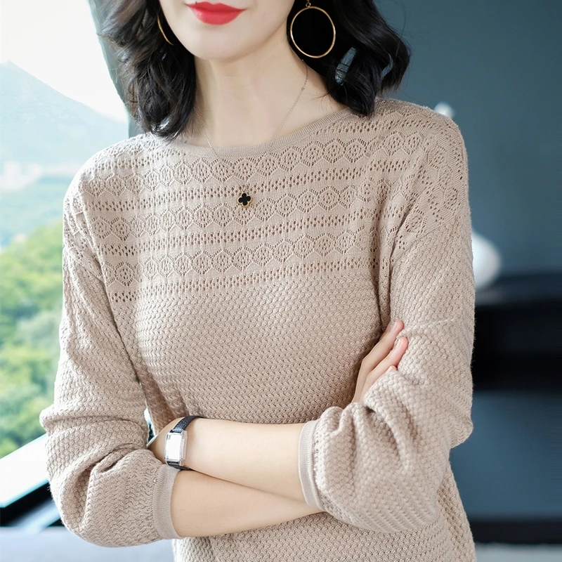 

knitting Eyelet Hollow out O-neck Autumn 2020 Pullover women Long sleeve Loose sweater female Winter Cotton elegant Camel Jumper