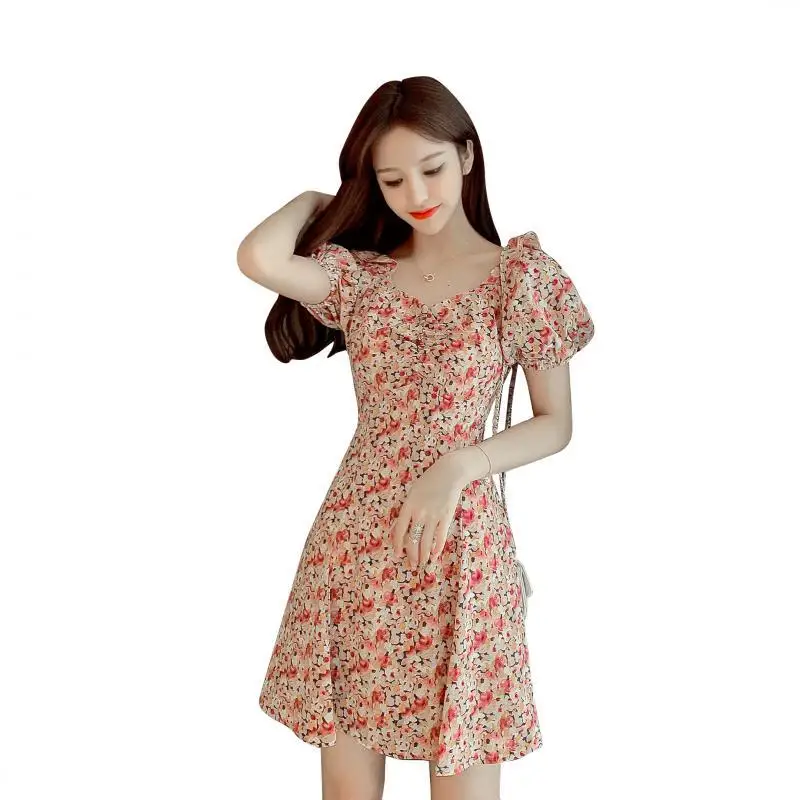 

2020 Summer Floral Dress Women Puff Sleeves V-neck Print Flower Print Sundress Party Dress Mini Dress Summer Holiday Beach Dress