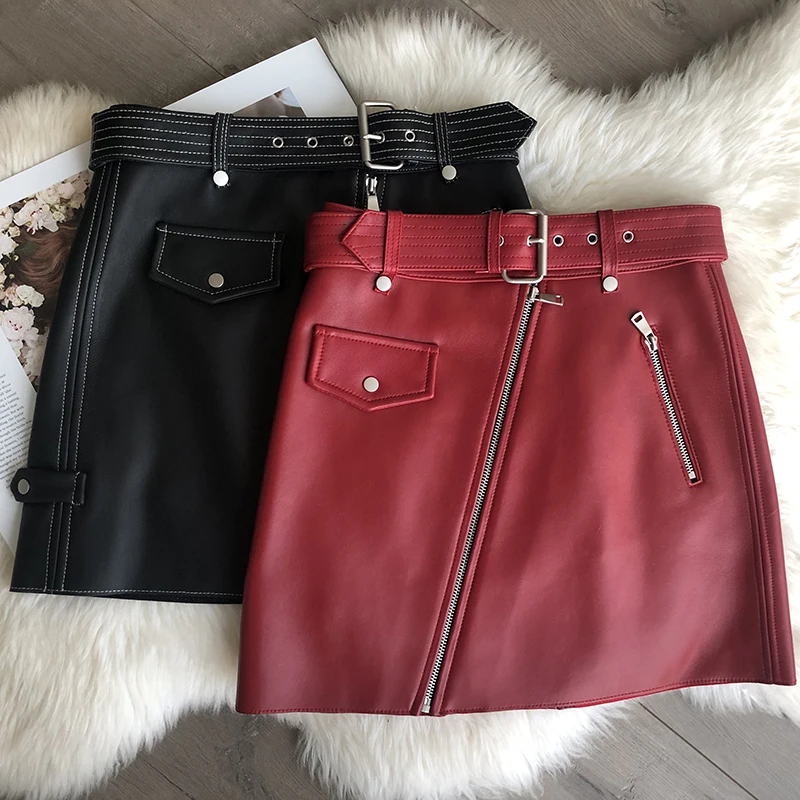 Мини кожаная юбка с поясом новинка 2020 модные красные и черные юбки из овечьей