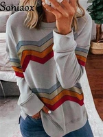 2021 autumn women long sleeve striped sweatshirts vintage casual ladies o neck pullover color matching street clothes