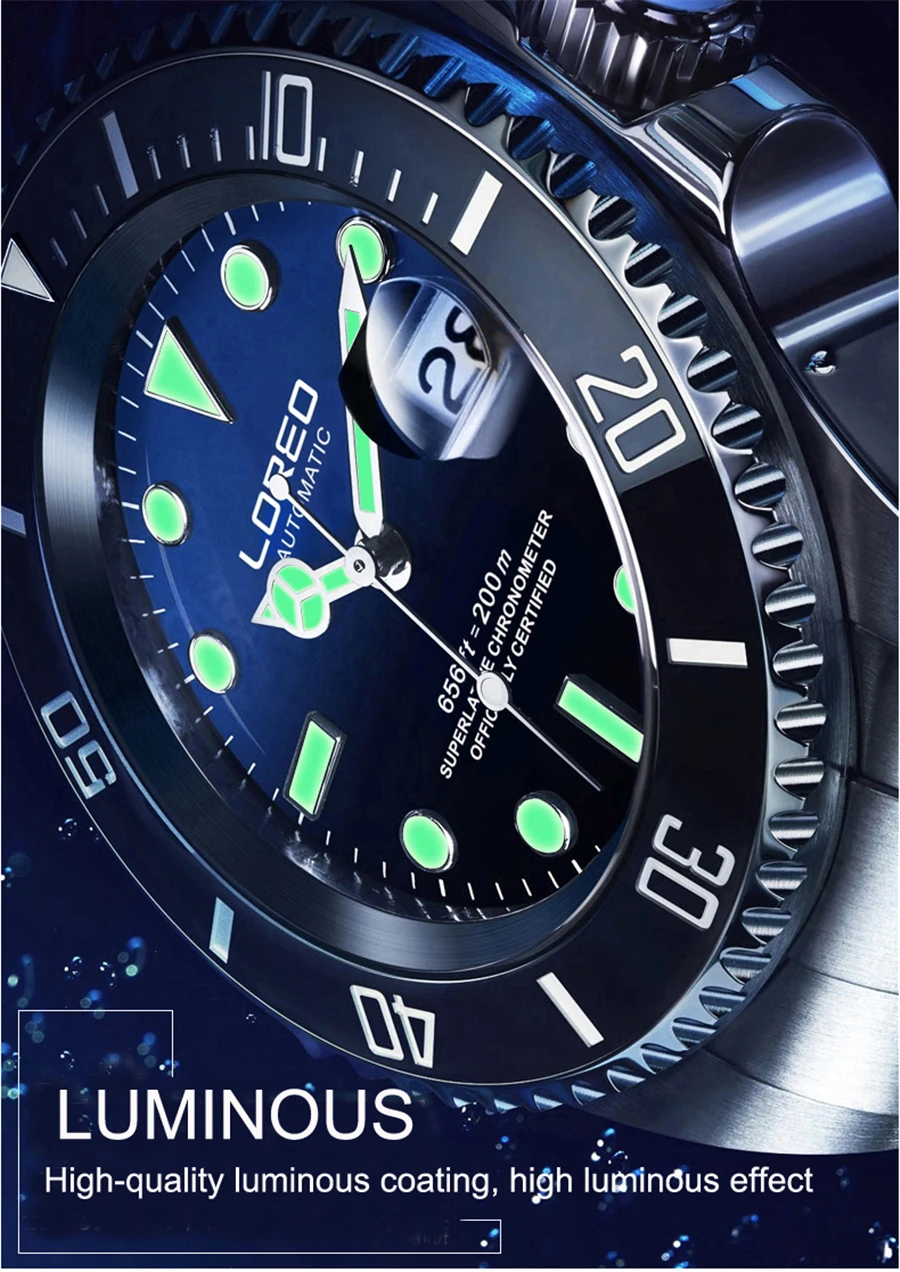 

LOREO Automatic Mechanical Men Watch Steel Luminous Watches Date Calendar Sapphire Crystal Glass Watch with Nylon Strap
