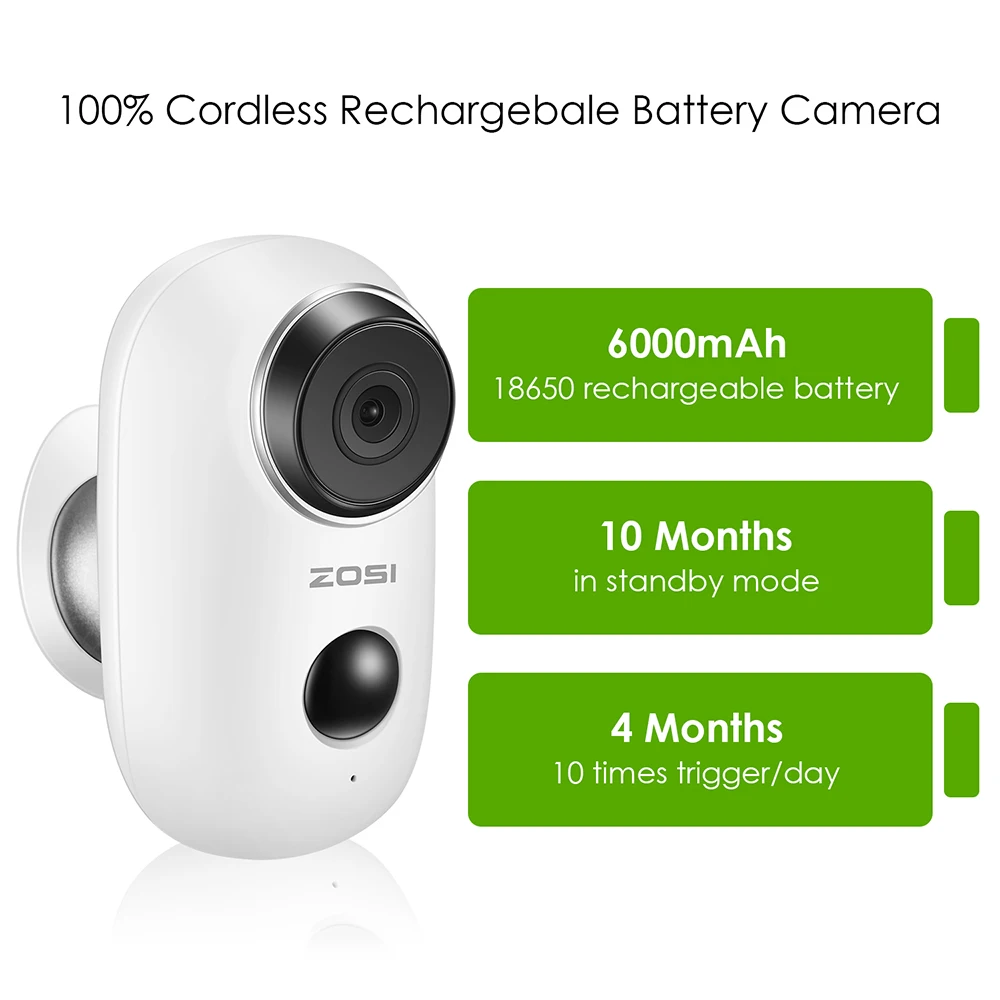 Беспроводная камера ZOSI с перезаряжаемой батареей Wi Fi 1080P Full HD наружная домашняя ip