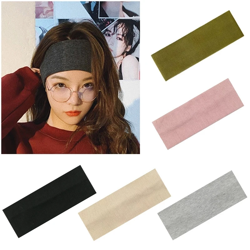 

SHUANGR Women Solid Color Wide Turban Hair Hoop Ribbed Cotton Headwear Girls Elastic Sports Yoga Hair Bands Accessories