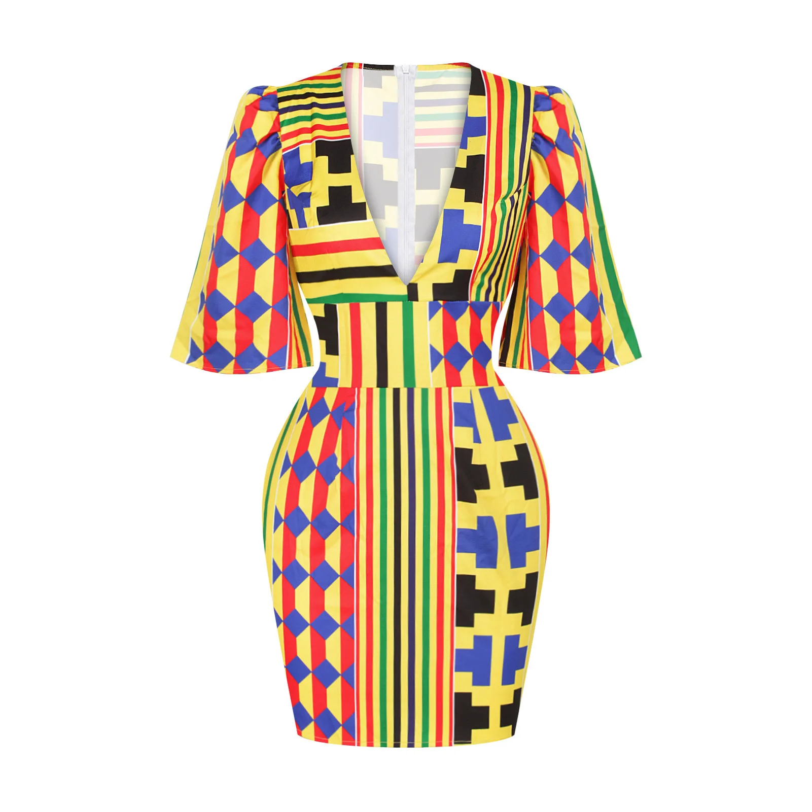 

African Style Sexy Woman's Deep V Collar Horn in the Sleeve Wrap Buttock Skirt Show Thin Dress Short Skirt