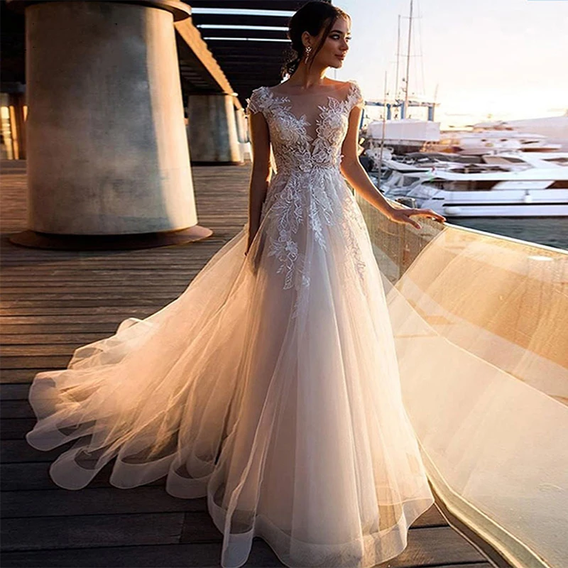 

Weilinsha V-neck Lace Appliques Wedding Dresses Illusion Cap Sleeve Bridal Gowns Organza Vestidos De Novia Robe De Mariee