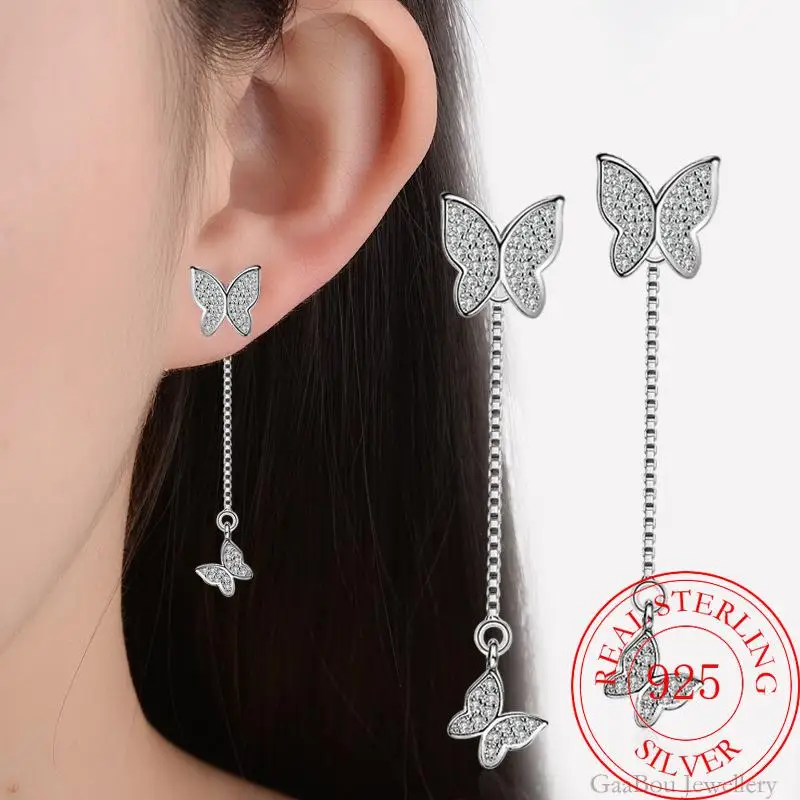 

Luxury 925 Sterling Silver tassels Earrings butterfly zirconia Ear Stud Fashion Womens High Quality Party Jewelry Love Gift