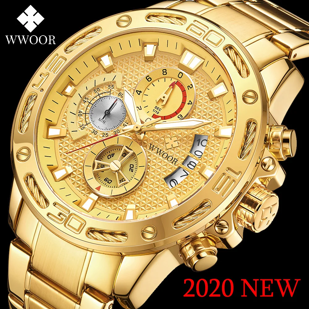 

WWOOR 2020 New Men Watches Top Brand Luxury Gold Stainless Steel Quartz Watch Men Waterproof Sport Chronograph Relogio Masculino