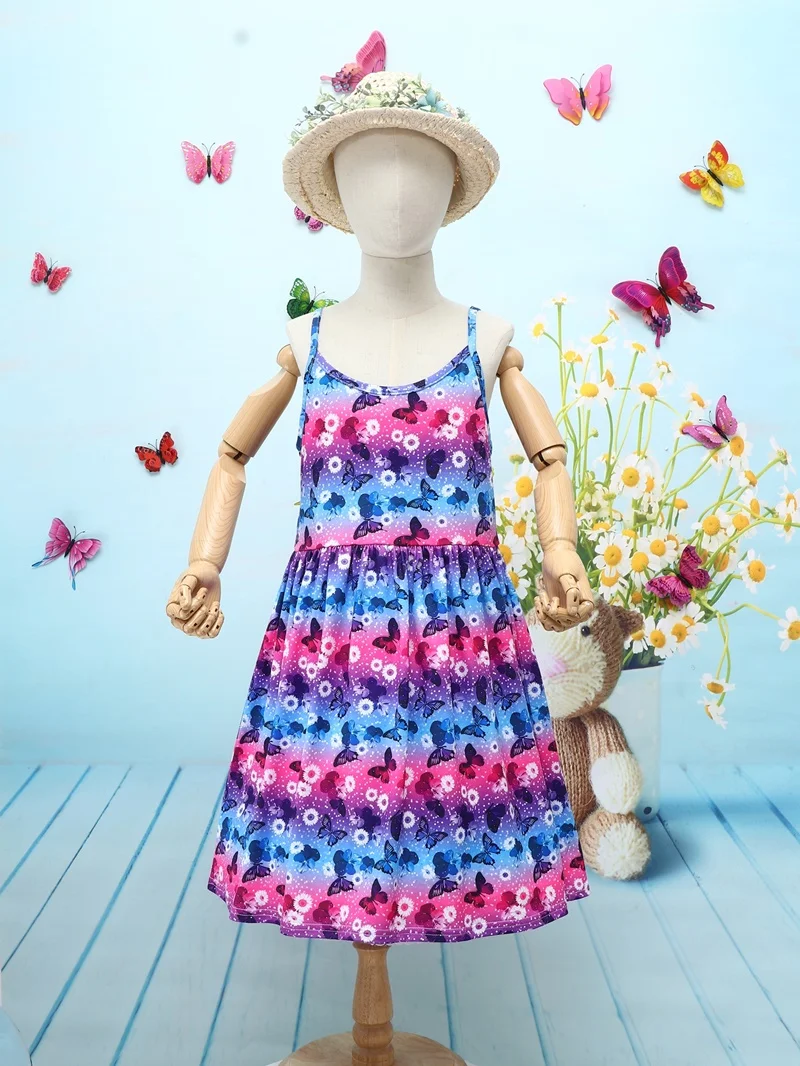 

2021 Hot Selling Kids Dresses for Girls Colorful Butterfly Print Strap Girls Dresses Boho Beach Kids Clothes Girls Clothes 4-9Y