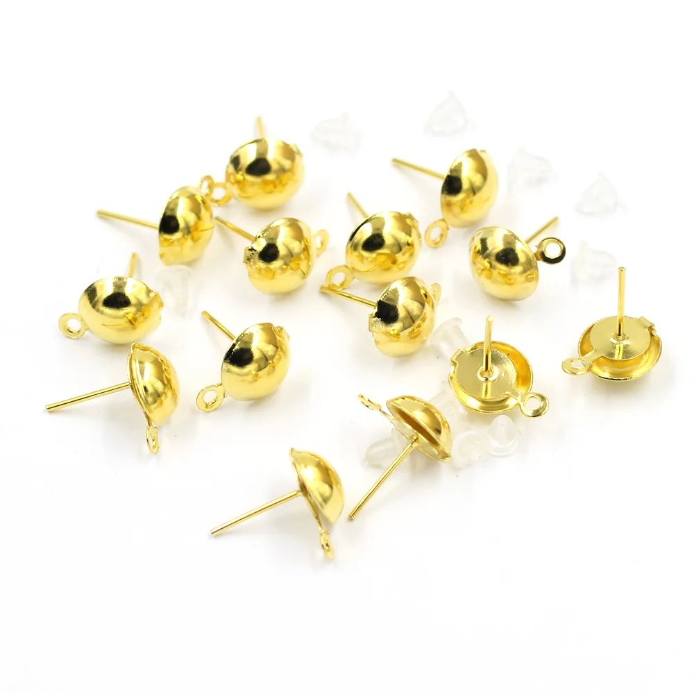 

50Sets Gold Plated Alloy Earrings Posts Tige Clous With Hole Stoppers Ears Fashion Jewelry Crafts DIY Accesories 14x12mm