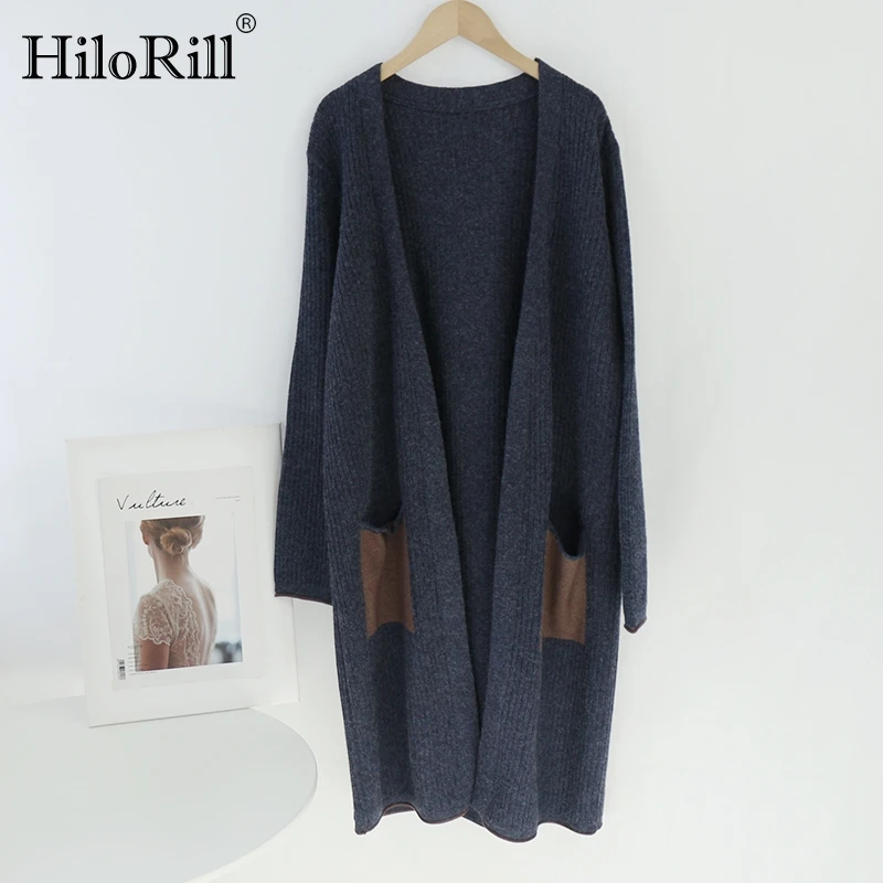 

HiloRill Autumn Winter Women Vintage Patchwork Long Cardigan With Pockets Long Sleeve Casual Knitted Sweater Chic Outerwear Coat