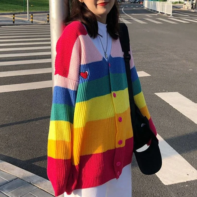 

Sweaters Women Striped Rainbow Letter Embroidery Harajuku Cardigans Female Girls Coat Autumn Jumper Sweaters