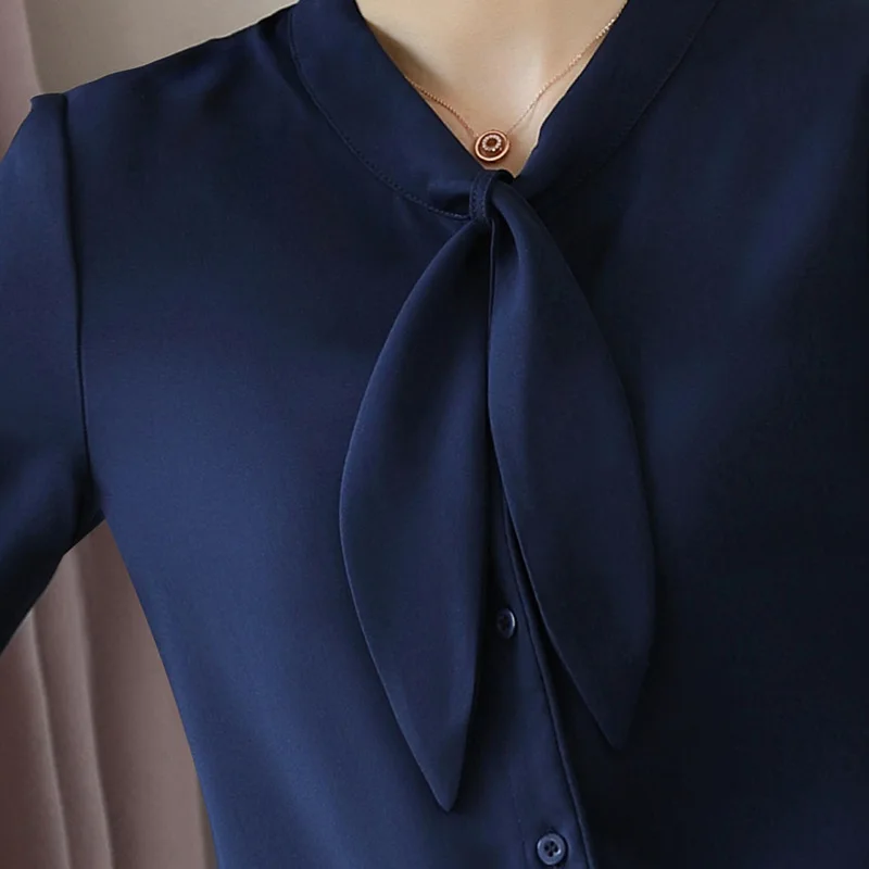 Dushicolorful  Women's Blouse Long Sleeve White Blue Elegant Bow Tie Office Lady Work Wear Shirt Formal Tops Plus Size 4xl