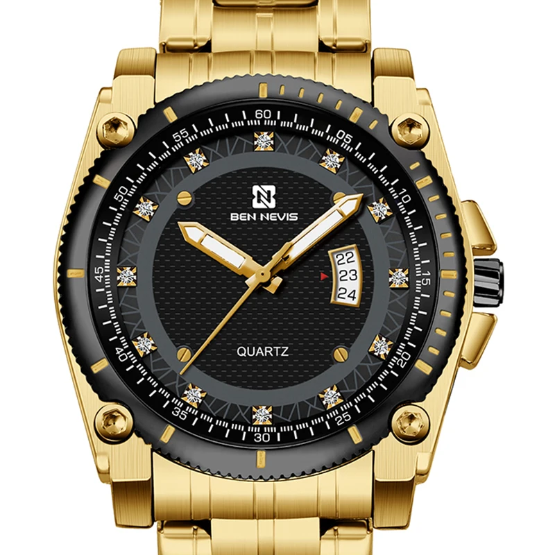 

Роскошные золотые мужские часы, кварцевые часы с алмазным циферблатом и ремешком из нержавеющей стали, креативные военные спортивные часы ...