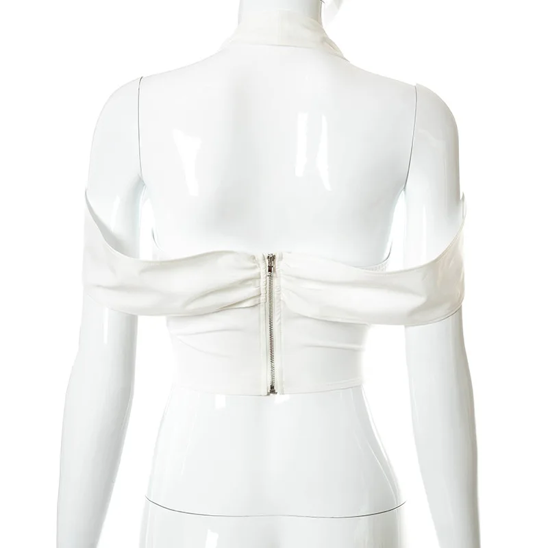 

AOSHAYA White Off Shoulder Halter Summer Crop Top Women Backless V-Neck Zipper Y2K Tops 2021 Sexy Fashion Streetwear T-Shirts
