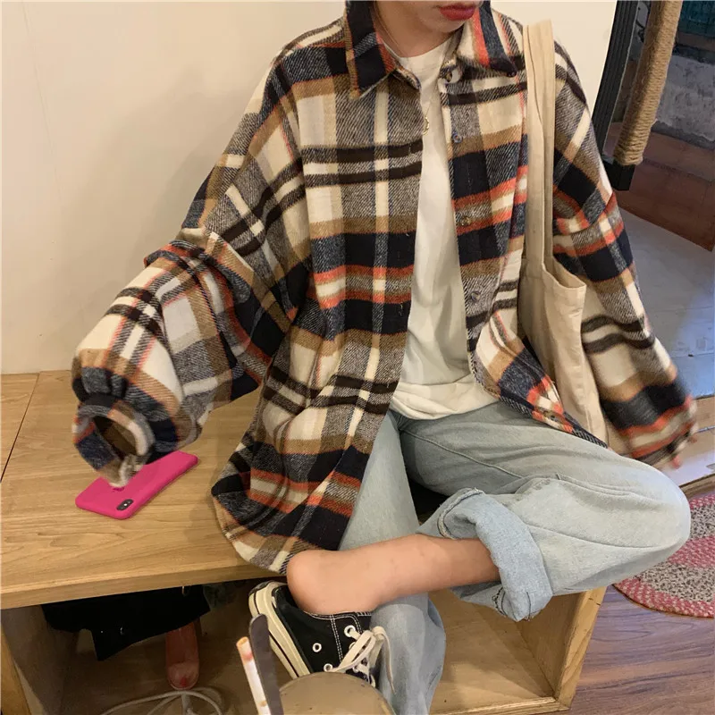 Корейская клетчатая рубашка женская одежда Harajuku однобортная Осенняя рубашка с длинными рукавами женская рубашка большого размера с отворотом Женская