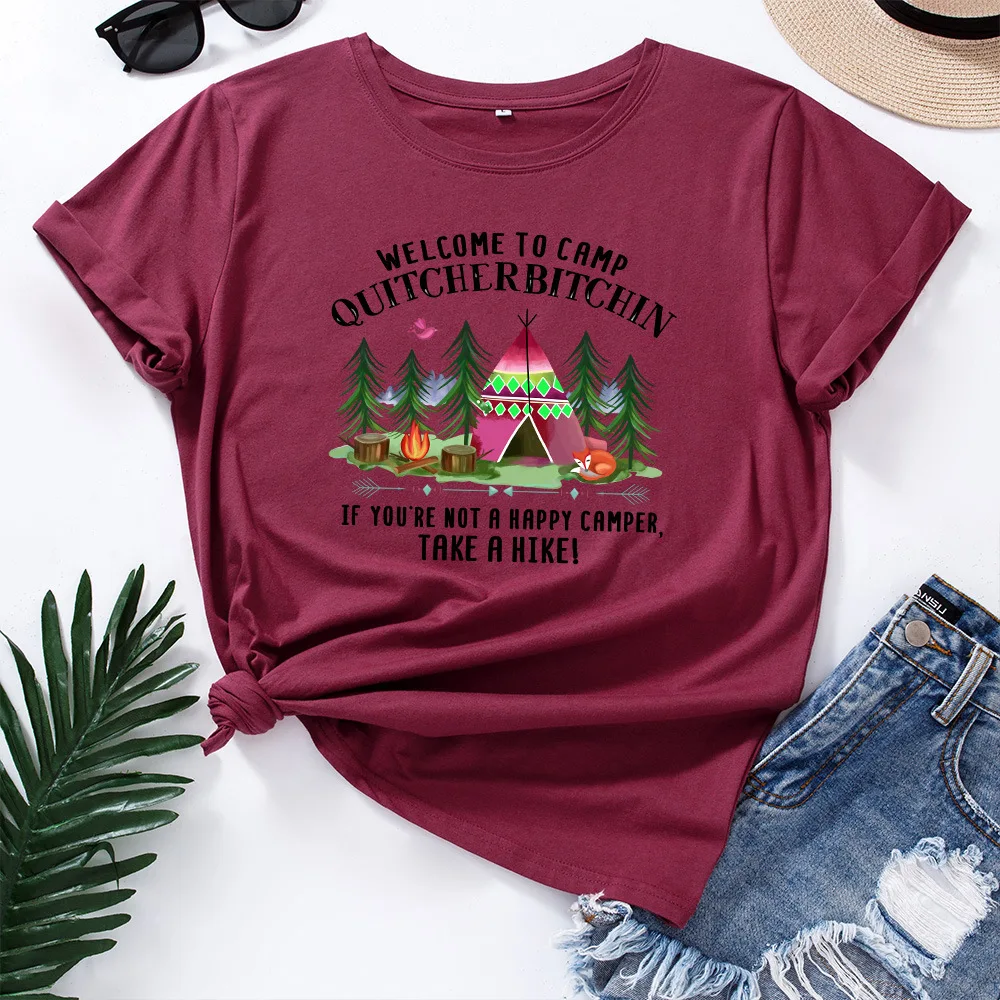 

Christmas 100%Cotton Female T-shirt Short Sleeve Women T Shirt Welcome To Camp Print Ladies Tops Harajuku Tshirt 2021