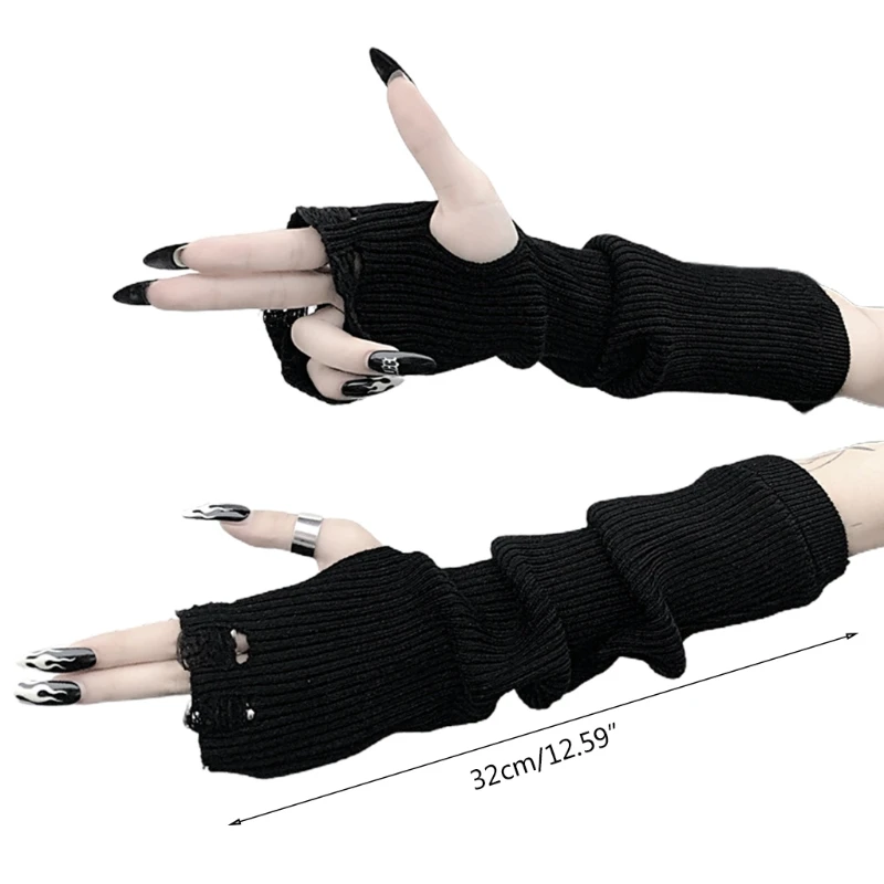 

Women Gothic Punk Ribbed Knit Black Fingerless Gloves Harajuku Ripped Hole Elbow Length Mittens with Tumb Hole Anime Arm