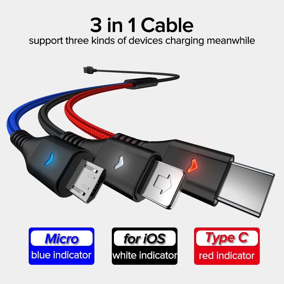 Venroii USB 3 in 1 Micro Cable Type C Kable Android Phone Cord for Xiaomi Redemi Note 7 K20 USBC Wire for Samsung Oneplus 7 Pro