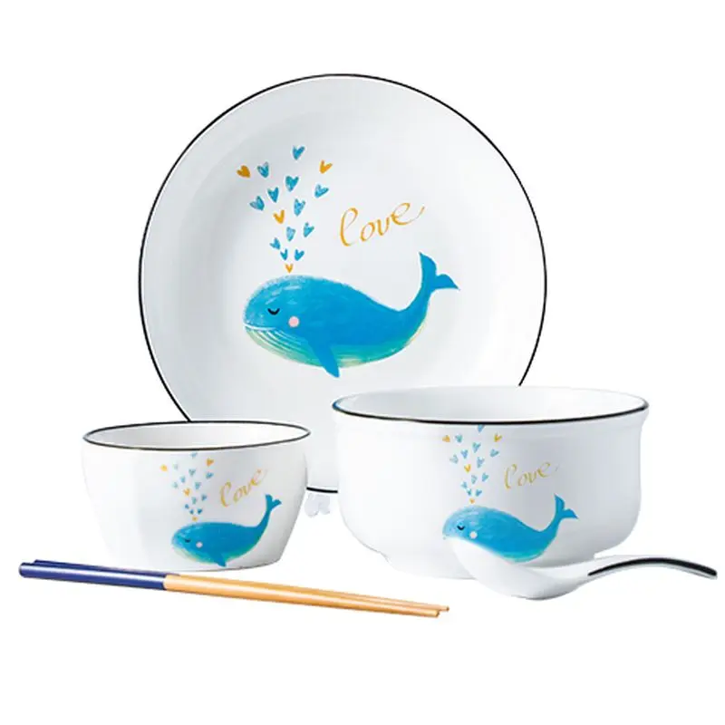 

Ocean Whale Plates Set Bowls + Plate + Spoon + Chopsticks Cute Cartoon Dinnerware Sets for Kids Dinner Set Plates and Dishes