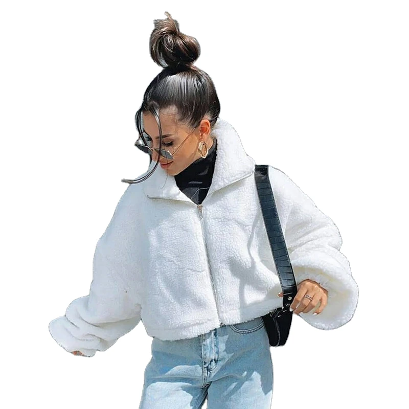 

Fanco 2020 Autumn and Winter Warm Short Jacket Women Casual White Fur Teddy Coat Furry Crop Long Sleeve Solid Color Streetwear